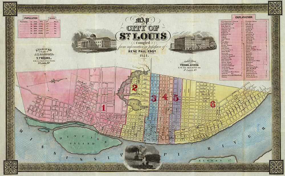 St Louis in 1844 showing Bloody Island